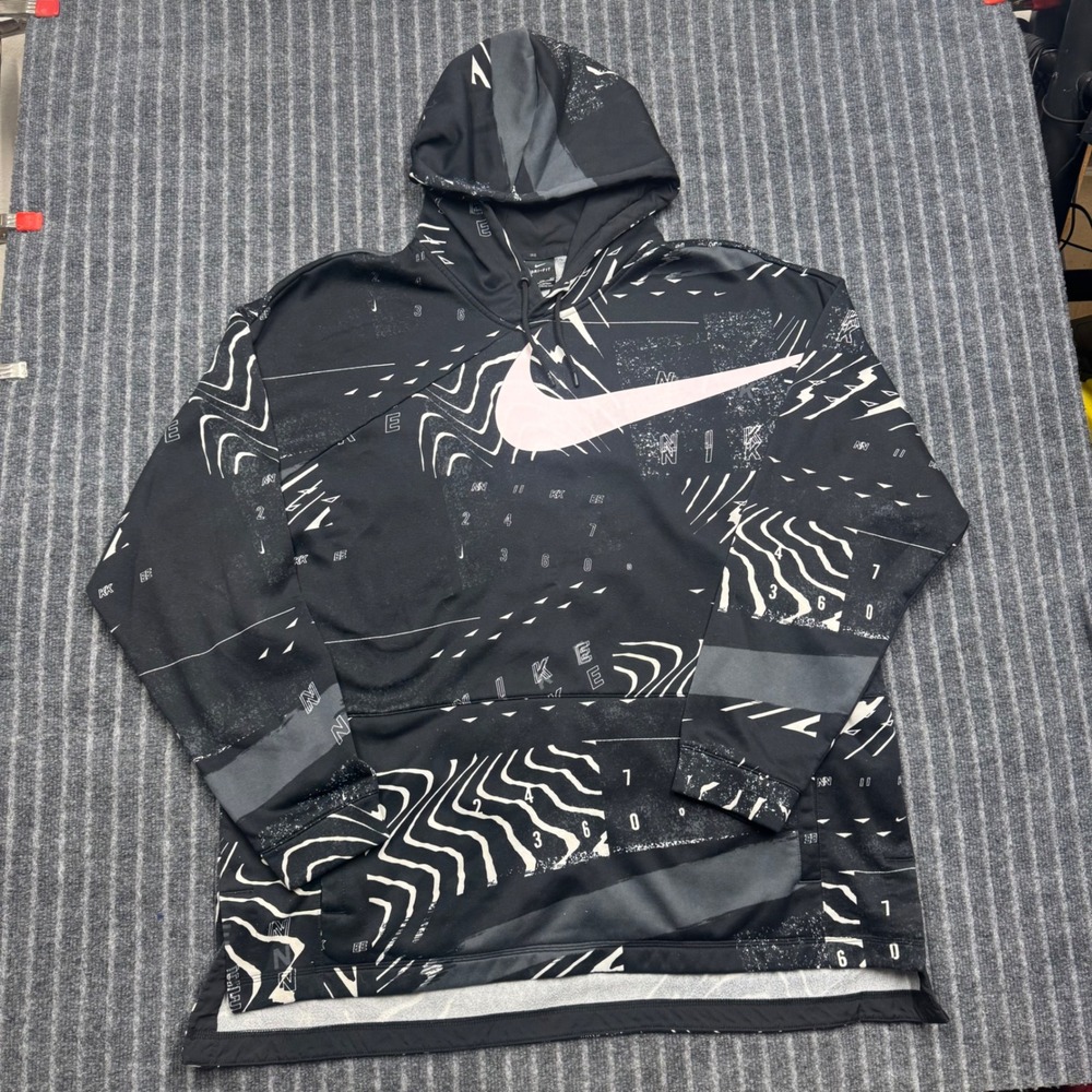 Nike Mens Dri-FIT Hoodie XXL Black White Abstract Graphic Swoosh Fleece Pullover